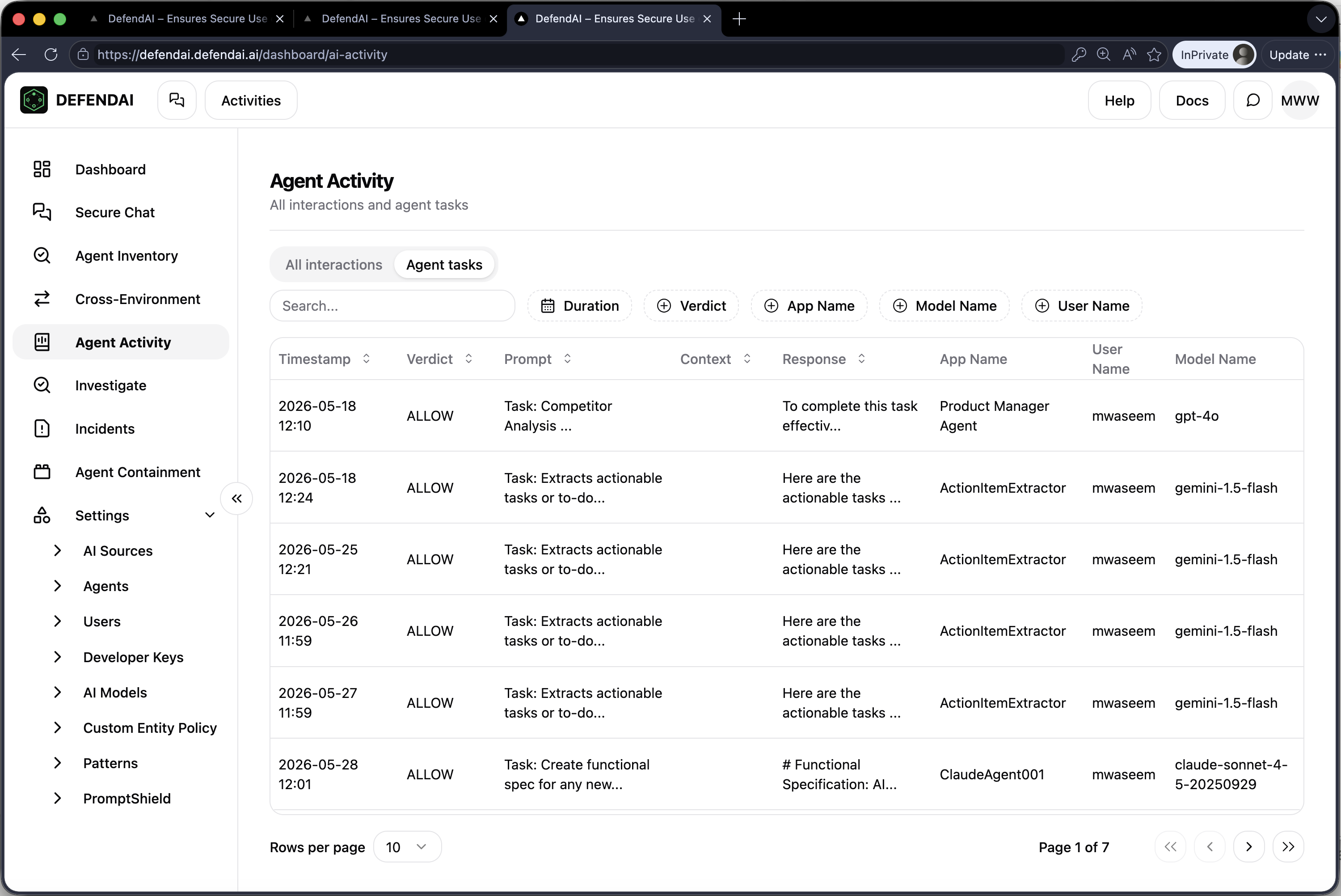 Agent activity audit trail showing every prompt, model, user, and verdict